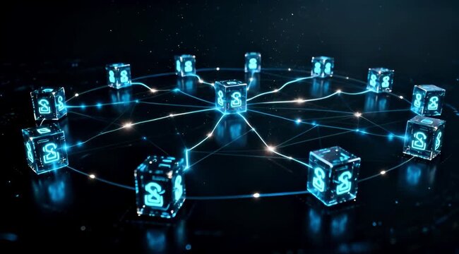 Decentralized Blockchain Network with Glowing User Cubes Representing Data Connection and Digital Technology. 4k slow motion.	