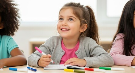 Fototapeta premium Smiling young girl with ponytail looking up while holding a pink marker in a classroom setting