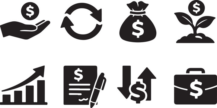 Comprehensive Finance and Business Vector Icons Set: Growth, Investment, Transaction, Savings, Contract, and Market Volatility Glyphs for Websites, Apps, and Presentations.