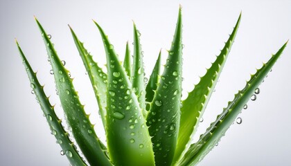 fresh vibrant aloe vera plant with water droplets on white background