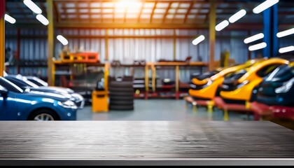 metal blank tabletop with blurred automotive tools and parts in the background suitable for promoting automotive products