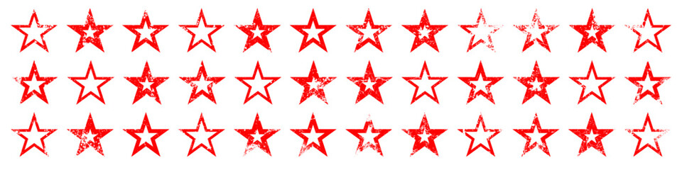 Fototapeta premium Red vintage stars with cracks and stains. Old hand-drawn sign, black simple shape. Retro design element with distressed effect, grunge texture. Vector illustration