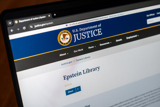 Screen with opened Epstein Library on US Department of Justice web site in United States of America - February 2, 2026