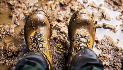 close up of muddy construction boot on wet ground background