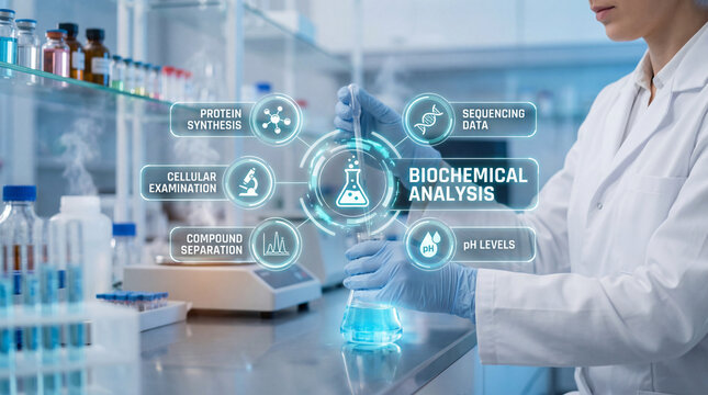 Scientist analyzing samples in futuristic laboratory using pipette and flask with flat graphic overlay showing biochemical analysis concepts and icons
