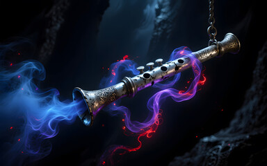 An ornate magical wind instrument hangs in a dark fantasy realm, emitting vibrant blue and purple energy