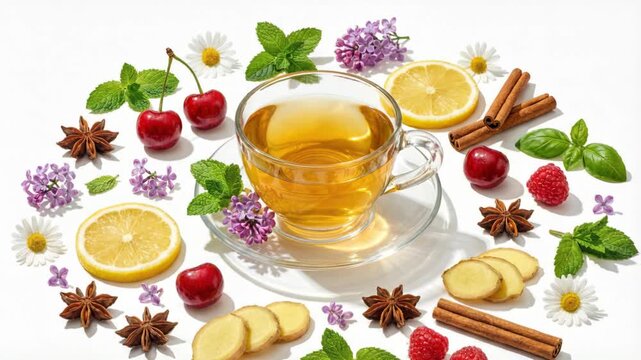Cup of herbal tea surrounded by fresh herbs, citrus slices, berries and warm spices in clean bright composition with ample white space for text and design use on packaging menus and marketing material