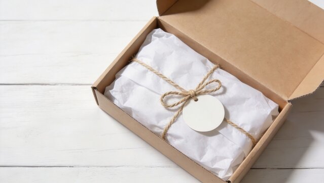 Minimalist gift box packaging with white tissue paper and natural twine bow on clean background,branding mockup for ecommerce,premium products,holiday presents and handmade packaging design