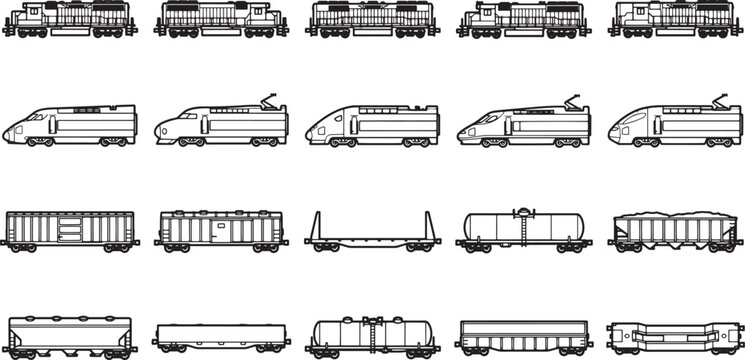 A detailed illustration showcases an array of trains and carriages, perfect for any railway or transport enthusiast.