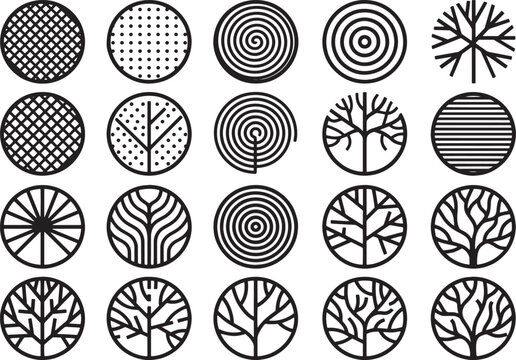 Geometric Patterned Circles:  An array of stylish, patterned circles, showcasing intricate geometric designs and tree motifs. These illustrations, rendered in a crisp, high-contrast style.