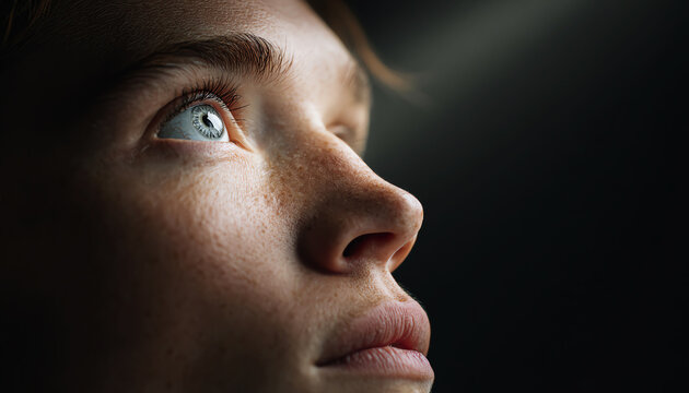 Dramatic human face in dark shadow with hopeful look. Close up portrait shows blue eye looking up towards single beam of light