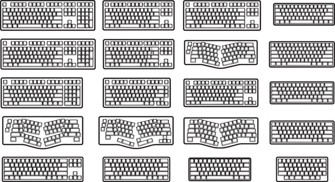 Multiple keyboard array showcase a wide selection of keyboard designs, providing a comprehensive display of computer input devices. 