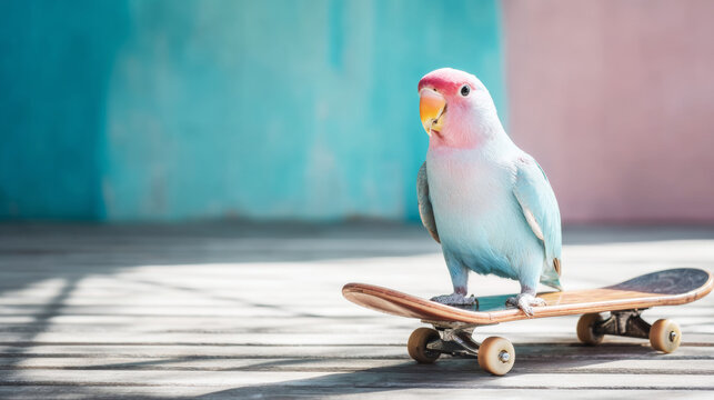 Lovebird parrot confidently perched on a wooden skateboard, displaying excellent balance against a soft backdrop of pastel blue and pink