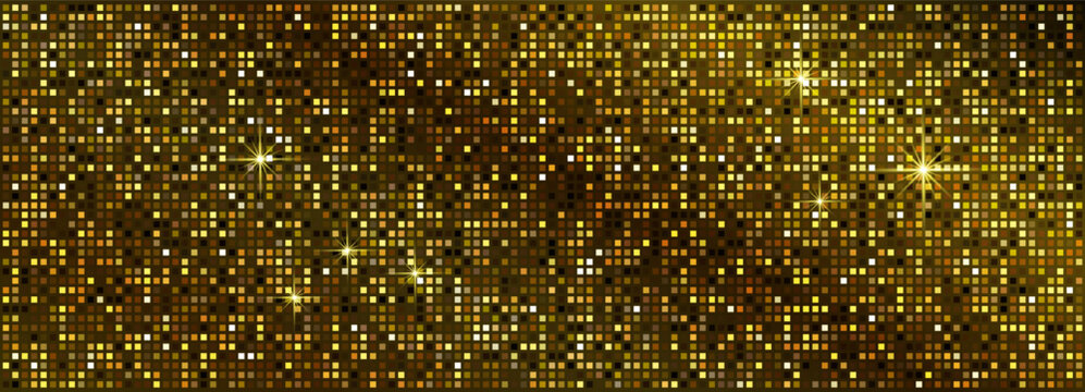Abstract mosaic gold pattern for a nightclub or disco. Disco ball texture. Yellow golden shining backdrop. Gradient retro grid. Vector illustration