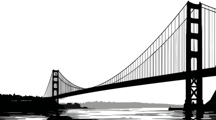 Fototapeta premium Silhouetted illustration of a suspension bridge with water, landscape, and sky