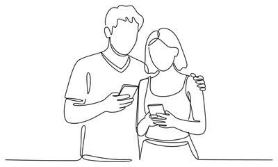 Couple Holding Smartphones Together One Line Drawing
