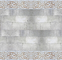 Old white stone wall with molding stone eaves with foliage and plants - image with copy space © Francesco Scatena