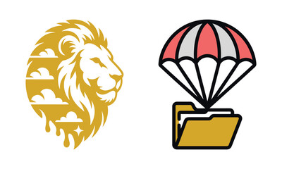 Golden lion head with clouds and parachute dropping files icon