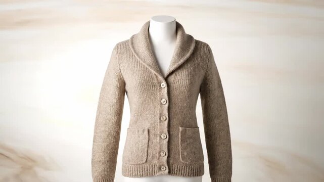 A knitted cardigan is created from a line drawing. The cozy beige sweater features a stylish shawl collar.
