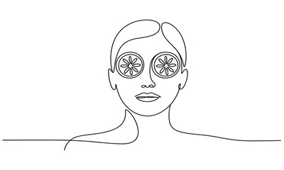 Single line drawing of a woman with citrus slices on eyes