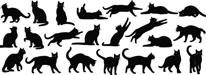 Black cat silhouettes in various poses on white background black cats cat poses 1 feline © Its Morsed here
