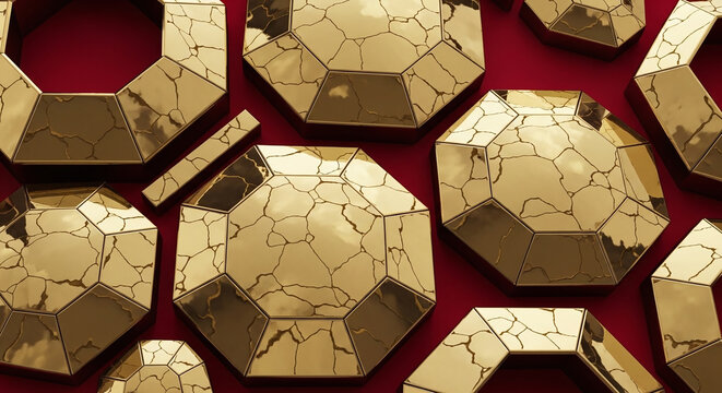 Collection of geometric gold objects with cracked surface CNY Chinese New year Pattern Prosperity ch