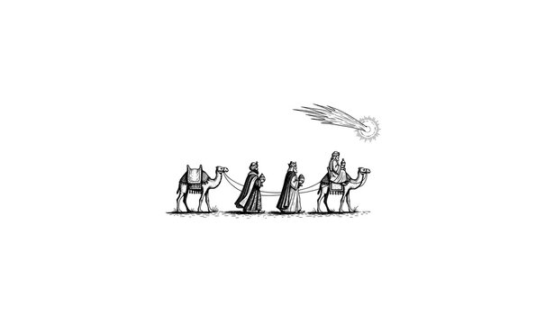 Three wise men following star to Bethlehem vintage engraving vector