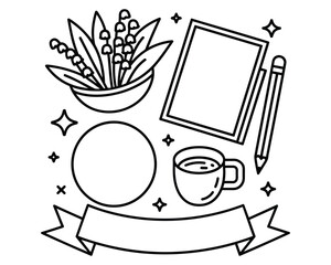 Spring still life with flowers pencil and cup