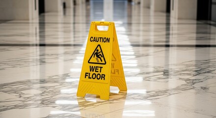 Caution Wet Floor Safety Sign on Polished Marble Floor in Modern Building Interior
