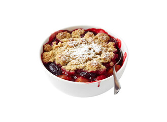 Vibrant red plum crumble in the dessert dish

