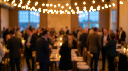 A large group of people standing around tables in a room with string lights hanging from the ceiling at a social gathering event