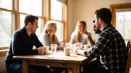 Fototapeta premium Group of young adults sitting at a wooden table in a bright room with large windows chatting and laughing together