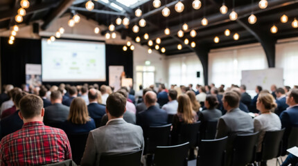 A large group of business professionals sitting in a conference room with a projector screen
