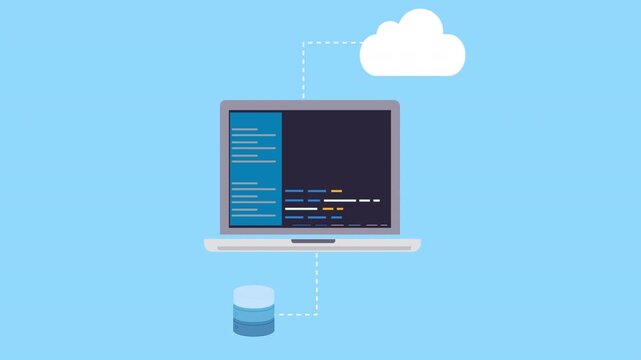Laptop displaying programming interface connected to cloud database, representing data connection, software development workflow, and digital infrastructure.
