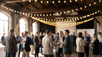 A group of business professionals networking and socializing in a large event space with string lights and arched windows in the background