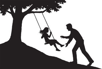 A Man do doing swing to a girl swinging a tree swing on mountains  in black and white silhouette vector with transparent background  © Umar