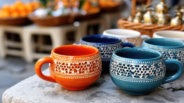 Colorful mugs are on display at a market. Each mug features traditional patterns from a certain region. Many people browse nearby