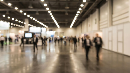 Blurred image of people walking in a large convention or exhibition hall, business event background