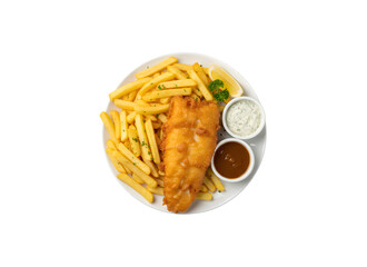 Fish and chips. A deep-fried fish fillet served with French fries, all set against a white background with sauces. Classic British street food, top view, with space for text.