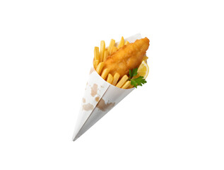 fish and chips served in a paper cone on a white background


