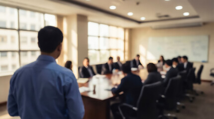 Fototapeta premium Blurred image of a businessman giving a presentation in a meeting room with colleagues