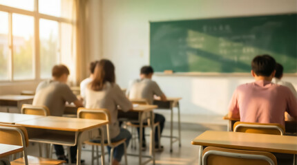 Fototapeta premium Students sitting at desks in a classroom, viewed from behind, with a blackboard at the front and sunlight from the window