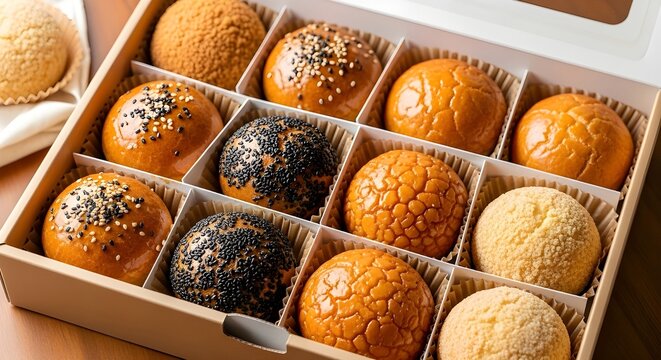 A luxury gift set of assorted Korean pastries including honey-glazed kkulppang, crumbly soboro bread, and black sesame buns in a professional box.