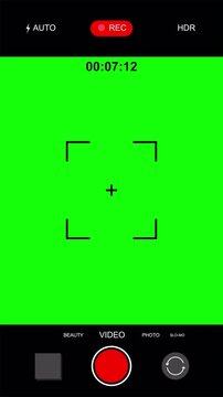 Vertical smartphone camera recording interface on green screen chroma key