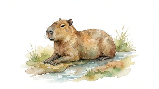 A watercolor illustration portrays a brown capybara resting on a grassy bank with shallow water on a white background