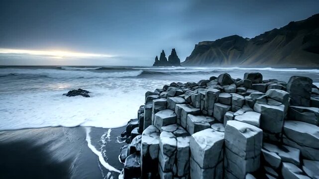 Dramatic Icelandic black sand beach with basalt columns and sea stacks.