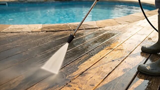 Man power washing wooden deck near pool Cleaning and home improvement concept.