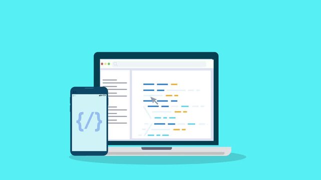 Laptop and smartphone displaying programming interface, representing cross-device development workflow, mobile coding environment, and digital technology.
