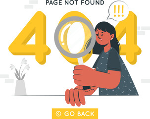 A woman examining a large 404 error message with a magnifying glass in a modern setting