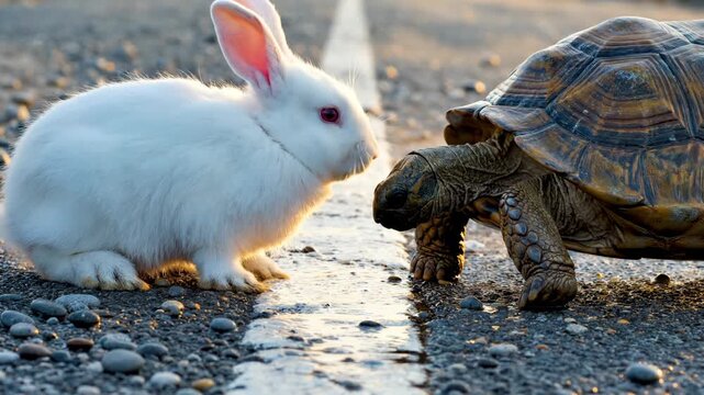 White rabbit meets tortoise on pebble road at sunset. Bunny and turtle face each other on ground. Rabbit encounters tortoise during golden hour. Animals meet on pebble path. Turtle and bunny together.
